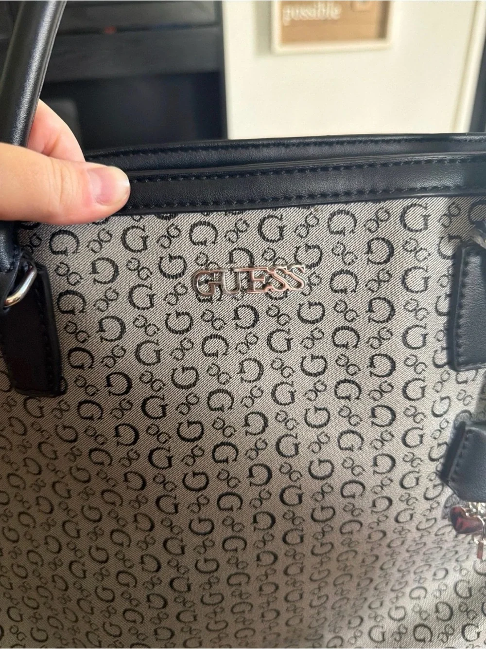 Guess Beige Monogram Tote with Black Trim